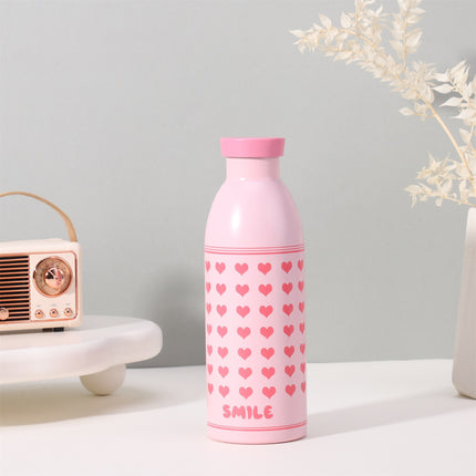 Cute Milk Bottle Thermos - 500ml Stainless Steel Insulated Water Bottle (Pink love heart).