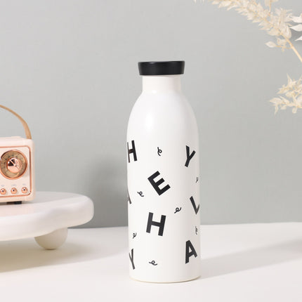 Cute Milk Bottle Thermos - 500ml Stainless Steel Insulated Water Bottle (White letters).