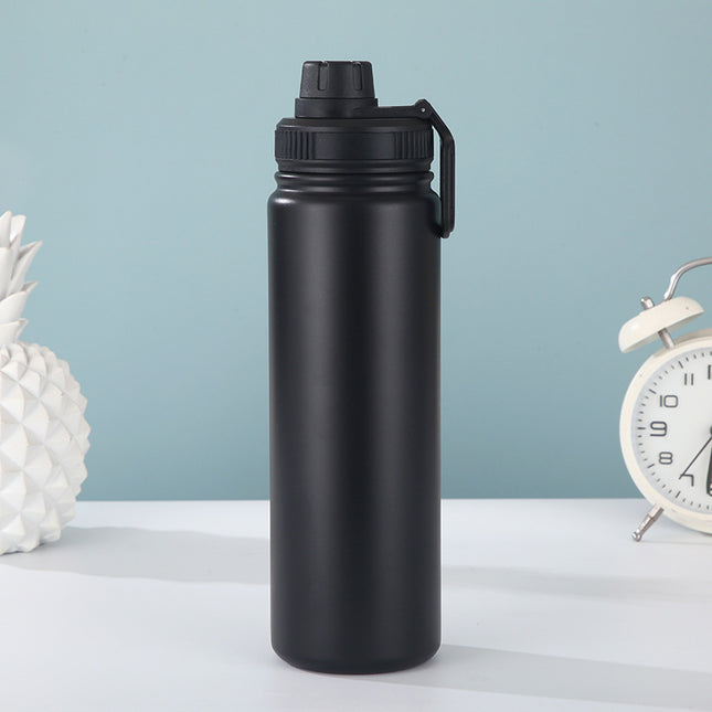 Black Portable Travel Thermos Bottle - Leakproof Stainless Steel Flask with Carry Handle (18oz - 540ml).