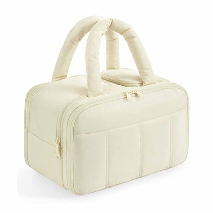 White Puffy Travel Wash Bag with Wide-Mouth Access and Wet-Dry Pockets.