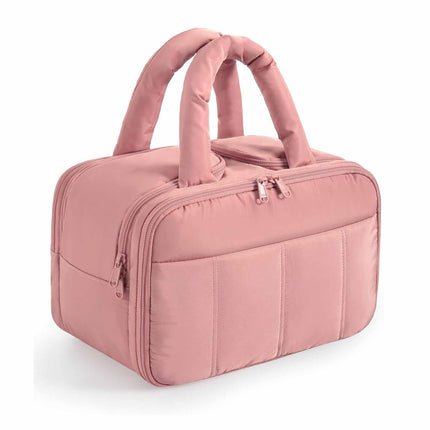 Peach Puffy Travel Wash Bag with Wide-Mouth Access and Wet-Dry Pockets.