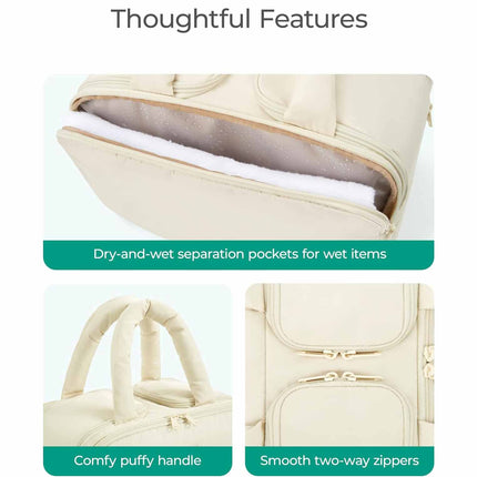 Peach Puffy Travel Wash Bag with Wide-Mouth Access and Wet-Dry Pockets.