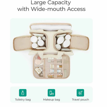 Peach Puffy Travel Wash Bag with Wide-Mouth Access and Wet-Dry Pockets.