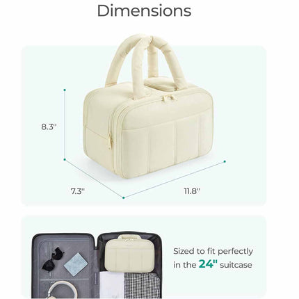 Peach Puffy Travel Wash Bag with Wide-Mouth Access and Wet-Dry Pockets.