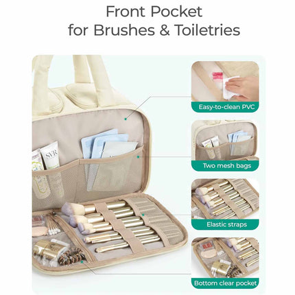 Peach Puffy Travel Wash Bag with Wide-Mouth Access and Wet-Dry Pockets.