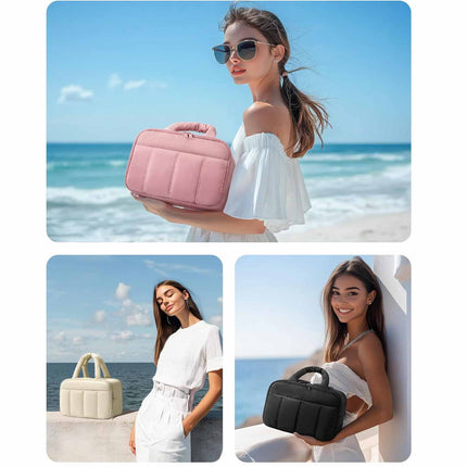 Peach Puffy Travel Wash Bag with Wide-Mouth Access and Wet-Dry Pockets.