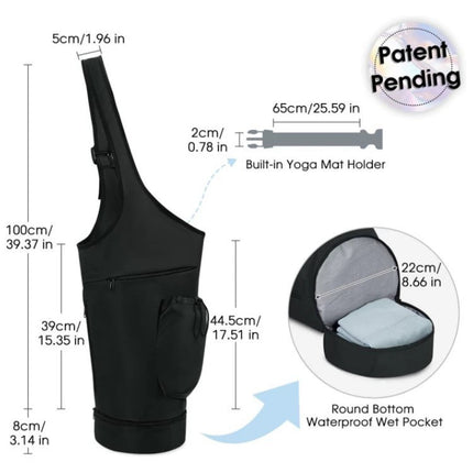 Black All-in-One Yoga Sling Bag - Fits Mat & Gear, Large Opening, Side Pockets.