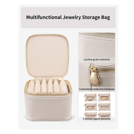 White Compact Travel Jewelry Box with 6 Individual Velvet Zipper Pouches.
