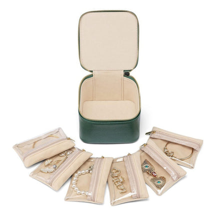 Green Compact Travel Jewelry Box with 6 Individual Velvet Zipper Pouches.
