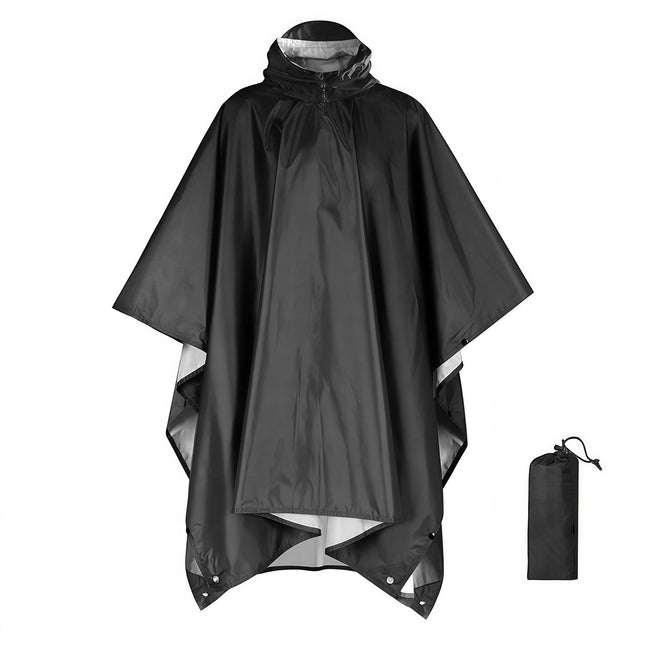 Black Portable Outdoor Camping Poncho - Can be used as Raincoat, Tarp, Ground Cover (Polyester silver coated without pockets).