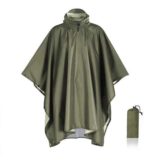 Army Green Portable Outdoor Camping Poncho - Can be used as Raincoat, Tarp, Ground Cover (Polyester silver coated without pockets).