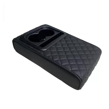Black Auto Center Console Armrest Riser Pad with Dual Cup Holders - PU Leather.