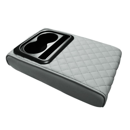 Gray Auto Center Console Armrest Riser Pad with Dual Cup Holders - PU Leather.