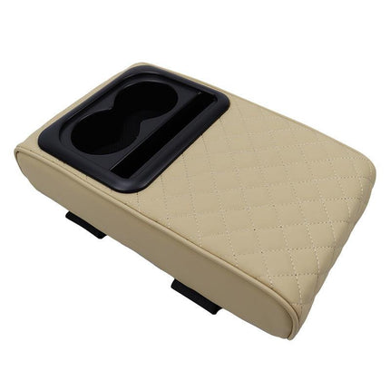 Beige Auto Center Console Armrest Riser Pad with Dual Cup Holders - PU Leather.
