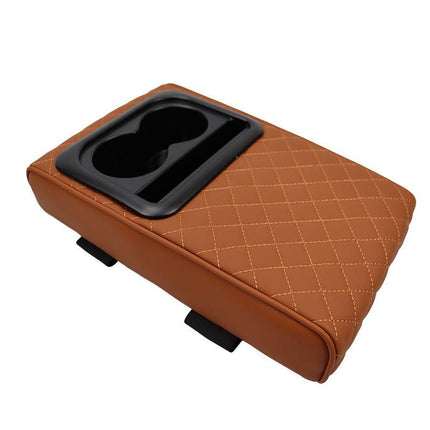 Brown Auto Center Console Armrest Riser Pad with Dual Cup Holders - PU Leather.