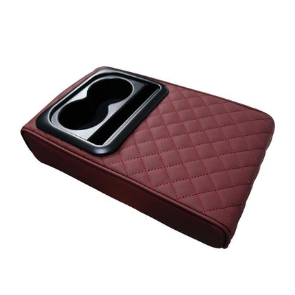 Wine red Auto Center Console Armrest Riser Pad with Dual Cup Holders - PU Leather.