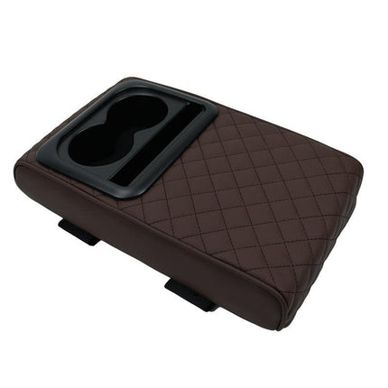 Dark Brown Auto Center Console Armrest Riser Pad with Dual Cup Holders - PU Leather.