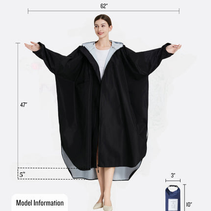 Black Stylish Waterproof Raincoat Poncho - Long, Packable for Outdoor Travel & Hiking.