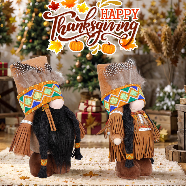 Plush Thanksgiving Dolls - Faceless Figures with Fringe & Braids (Set of 2).