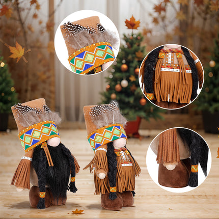 Handmade Thanksgiving Doll Set - Boy Figures with Feather Headbands.