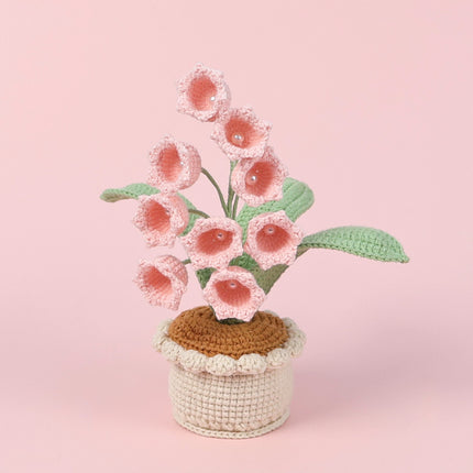 Handmade Crochet Lily of the Valley Potted Plant - Everlasting Crochet Flower Arrangement (9 heads pink).