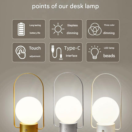 Silver Portable Rechargeable LED Lantern Lamp - Touch Control 3-Color Dimmable Desk Light.