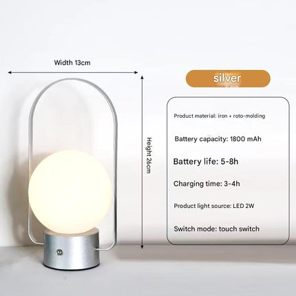 Silver Portable Rechargeable LED Lantern Lamp - Touch Control 3-Color Dimmable Desk Light.