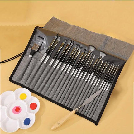 24pc Artist Paint Brush Set with Canvas Roll-Up Case - Nylon Hair Brushes for Acrylic Watercolor Oil Gouache Painting.