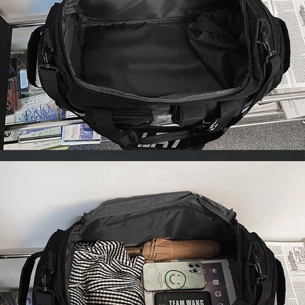 Black Unisex Travel Bag with Utility Buckles and Wet/Dry Compartments.
