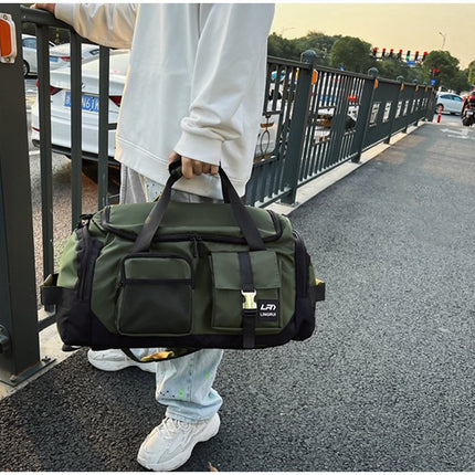 Green Unisex Travel Bag with Utility Buckles and Wet/Dry Compartments.