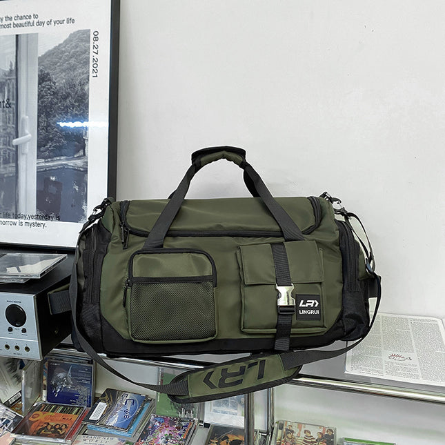 Green Unisex Travel Bag with Utility Buckles and Wet/Dry Compartments.