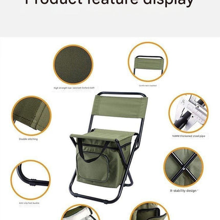 Foldable Camping Chair with Integrated 10L Insulated Cooler Bag - Camouflage color.