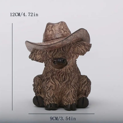 Rustic Highland Cow Statue with Cowboy Hat - Resin Farmhouse Decor.