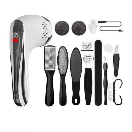 White Rechargeable Electric Foot Grinder with Suction - Complete 10-Piece Pedicure Kit.