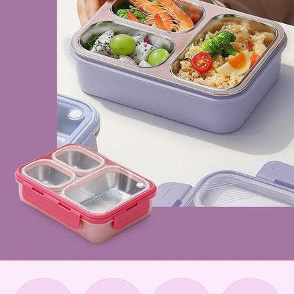Purple 3-Compartment Stainless Steel Bento Lunch Box - Leak-Proof, for Kids & Adults for School & Office.