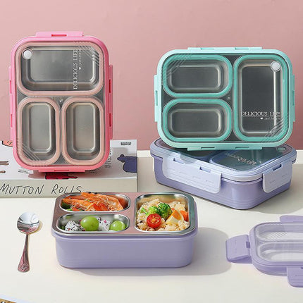 Pink 3-Compartment Stainless Steel Bento Lunch Box - Leak-Proof, for Kids & Adults for School & Office.