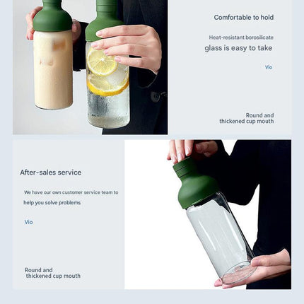 Style Cold Brew Bottle - 450ml Glass, Leak-Resistant Silicone Top Green Silicone Lid.