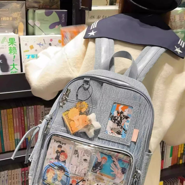 Light blue Large Capacity Anime Denim Bookbag for School Commute  Anime Fans.