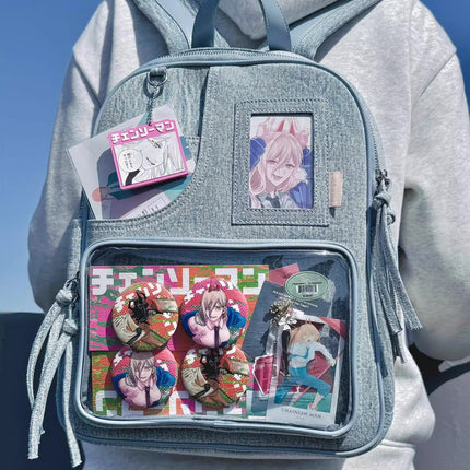 Light blue Large Capacity Anime Denim Bookbag for School Commute  Anime Fans.