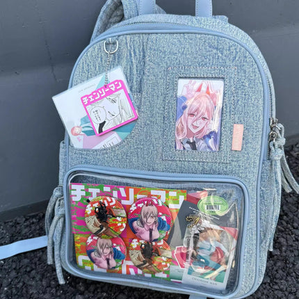 Light blue Large Capacity Anime Denim Bookbag for School Commute  Anime Fans.