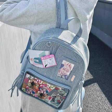 Light blue Large Capacity Anime Denim Bookbag for School Commute  Anime Fans.