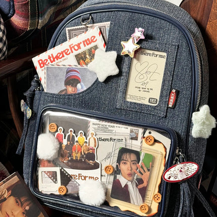 Dark blue Large Capacity Anime Denim Bookbag for School Commute  Anime Fans.