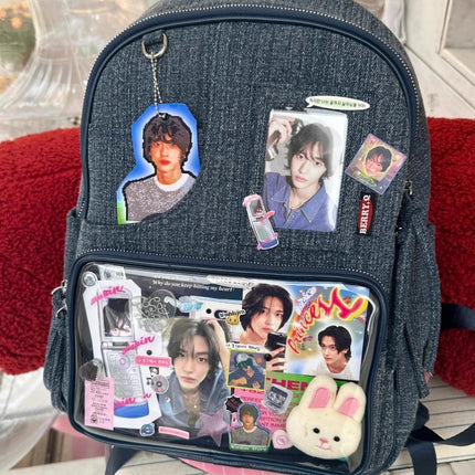 Dark blue Large Capacity Anime Denim Bookbag for School Commute  Anime Fans.