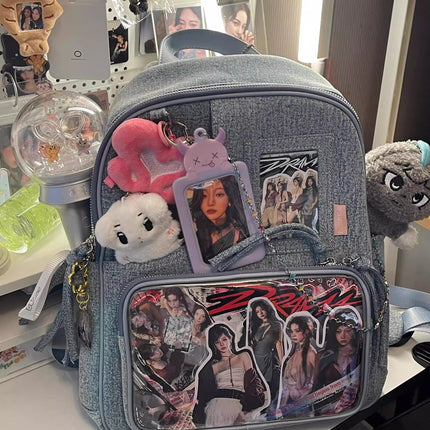Dark blue Large Capacity Anime Denim Bookbag for School Commute  Anime Fans.