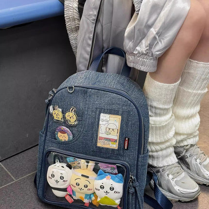 Dark blue Large Capacity Anime Denim Bookbag for School Commute  Anime Fans.