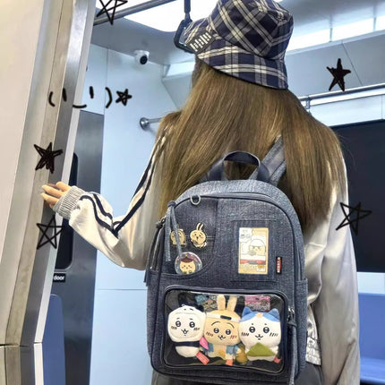 Dark blue Large Capacity Anime Denim Bookbag for School Commute  Anime Fans.