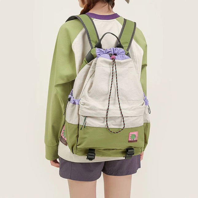 Beige Stylish Lightweight Drawstring Backpack for Women Men Hiking Travel.