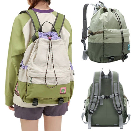 Beige Stylish Lightweight Drawstring Backpack for Women Men Hiking Travel.