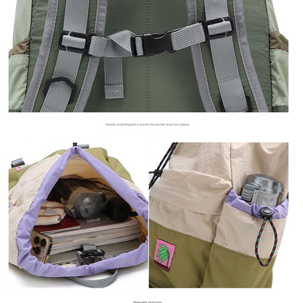 Beige Stylish Lightweight Drawstring Backpack for Women Men Hiking Travel.