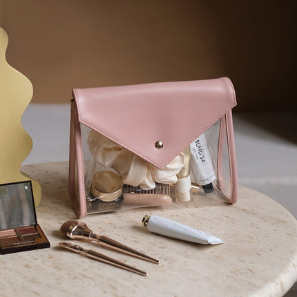 Pink Chic Envelope Makeup Bag with Transparent Waterproof Design.
